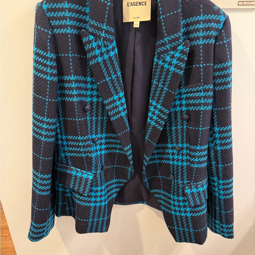 L'AGENCE Teal and navy Checkered Blazer